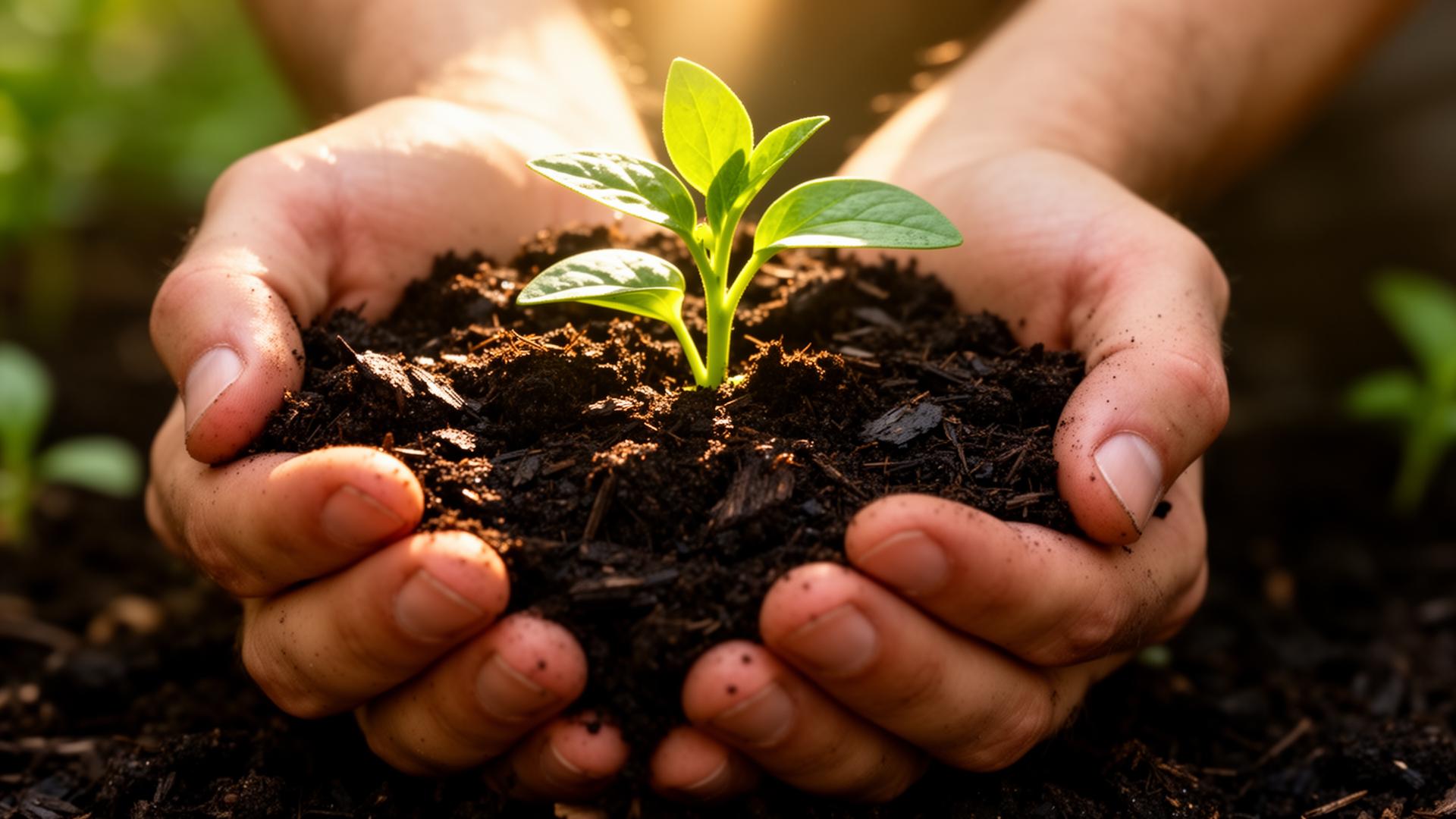 Mãos segurando terra fértil com broto verde